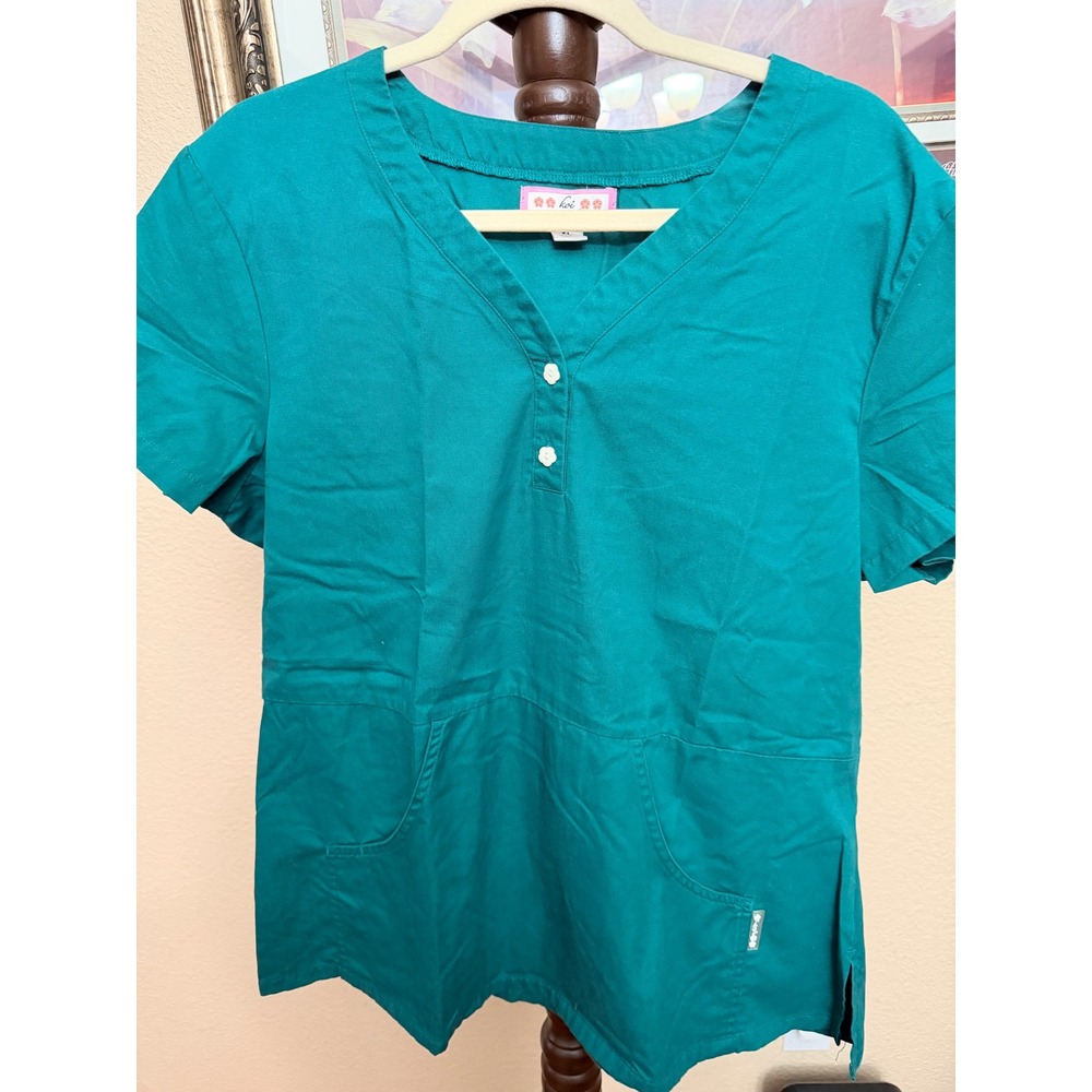 Koi by Kathy Peterson Womens XL Teal Green V-Neck Henley Scrub Top Pockets